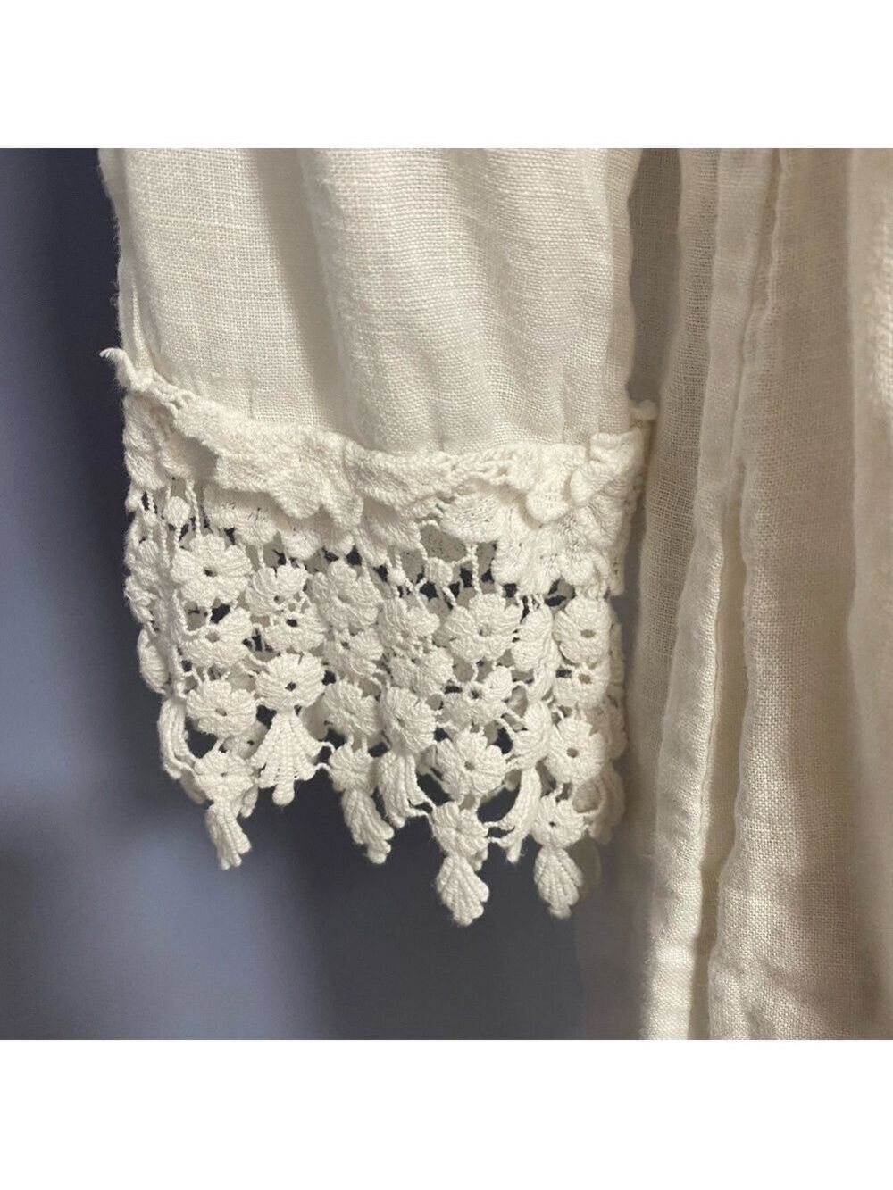 Christine Alexander Linen Boho Crochet Ruffle Bib Blouse Cream Women’s Top med - Picture 4 of 11